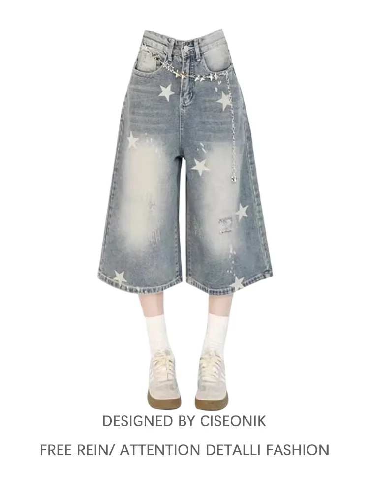 

Retro American Star Print Straight Leg Jeans High Waist Wide Leg Seven Foot Loose Fit Denim Trousers for Women Summer New Style