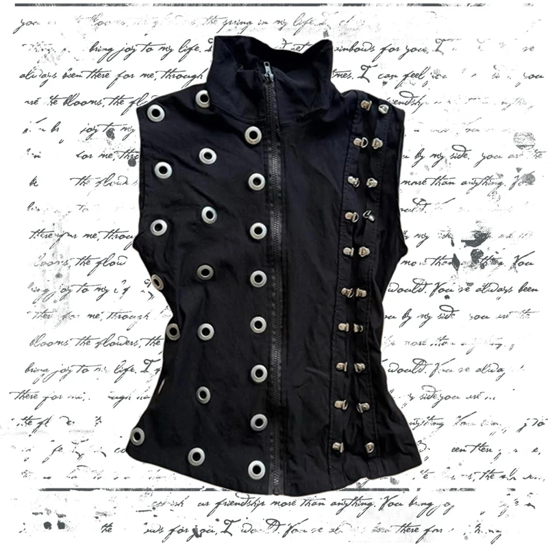 American fashion popular versatile vest top Y2K Gothic dark high street style metal ring decoration zipper sleeveless vest top