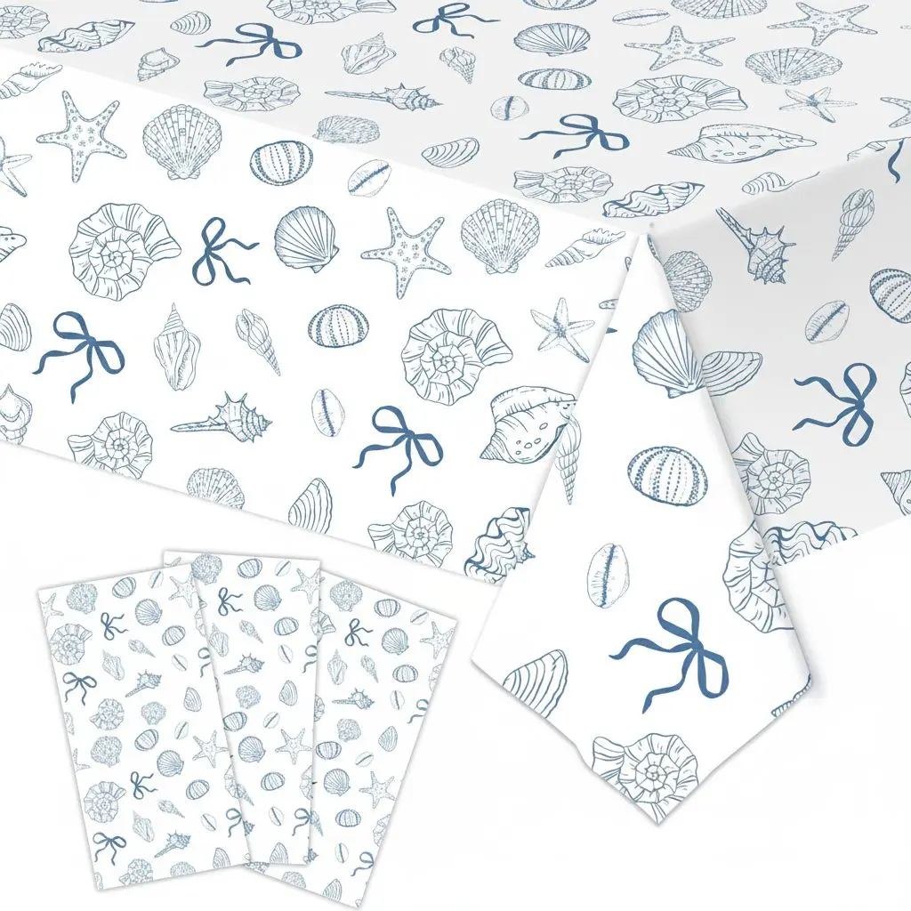Ocean Seashell Party Decorations Tablecloth,  Beach Coastal Last Toast on the Coast Bachelorette Supplies Table Cover for Summer Birthday, Bridal Shower, Disposable, 55in*86in