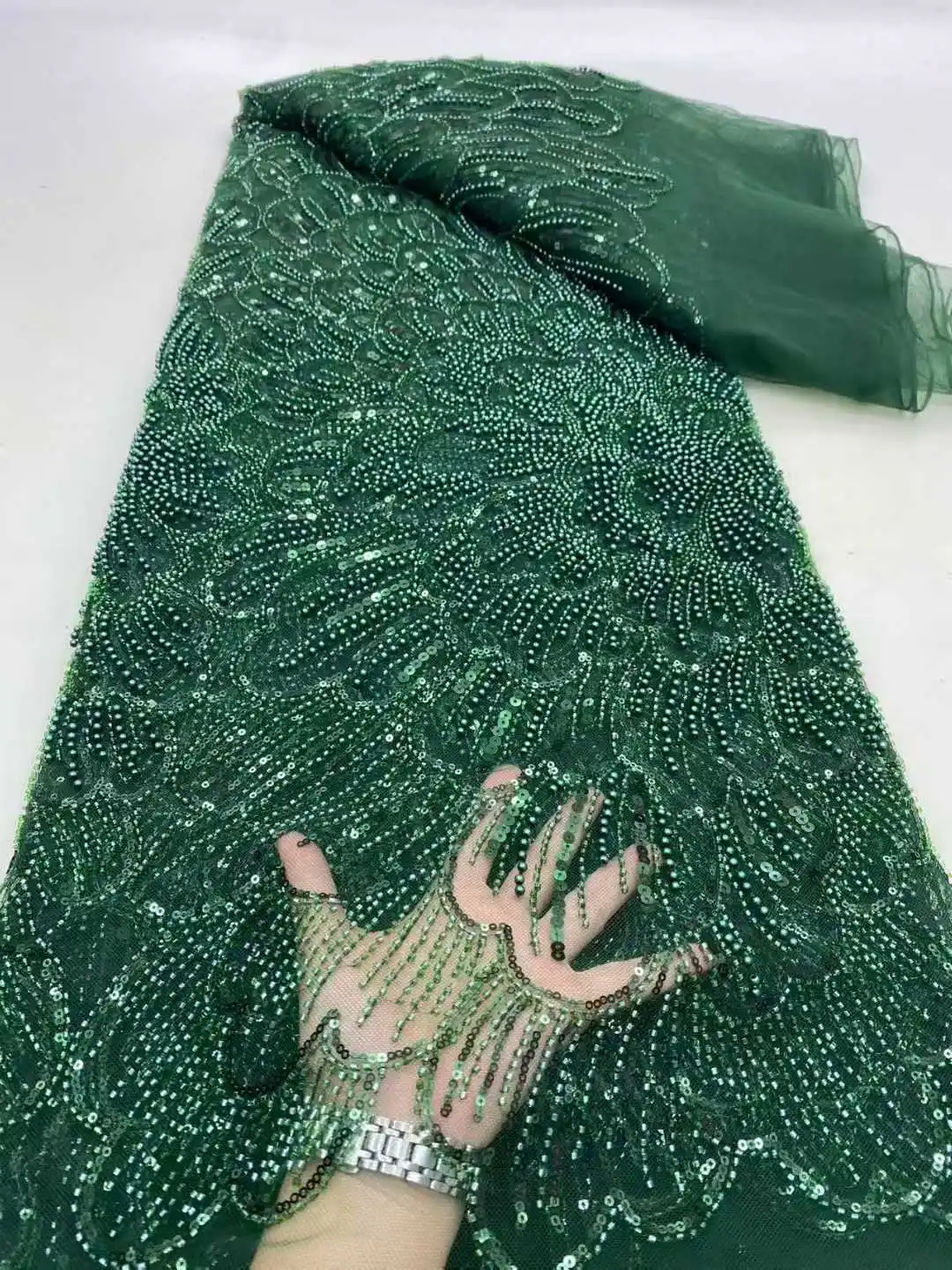 

Luxury African Beaded Mesh Lace Fabric 2025 High Grade French Nigerian Sequins Embroidery Tulle Lace for Sewing Party Dresses