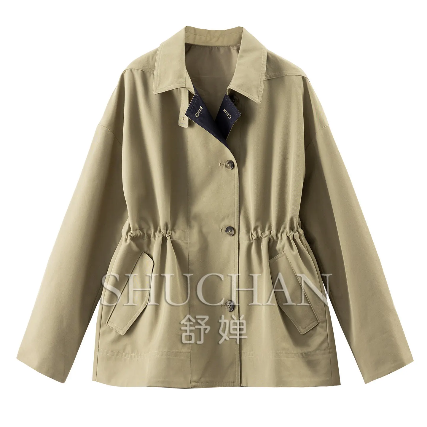 British Retro, Loose and Neat Drawstring Waist Trench Coat Short Coat Women's 06M5  Trench Coat for Women Casaco Feminino