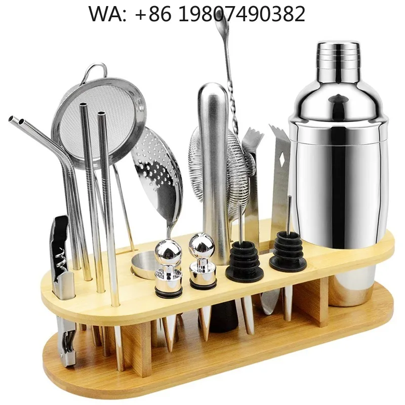 

All Round Bartender Supply Kit, 18Pcs Stainless Steel 550ml Cocktail Shaker Straws Bamboo Storage Stand Party Bar Tool