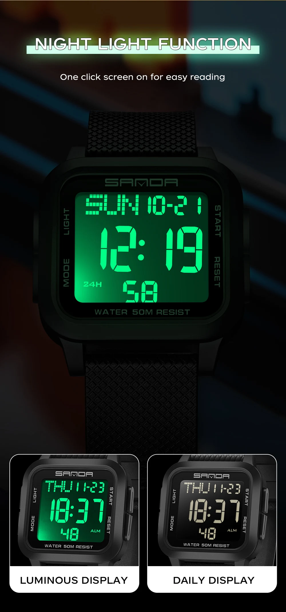 SANDA 2194 брендовые мужские электронные часы, простые повседневные водонепроницаемые многофункциональные студенческие модные квадратные будильники для мужчин 2025