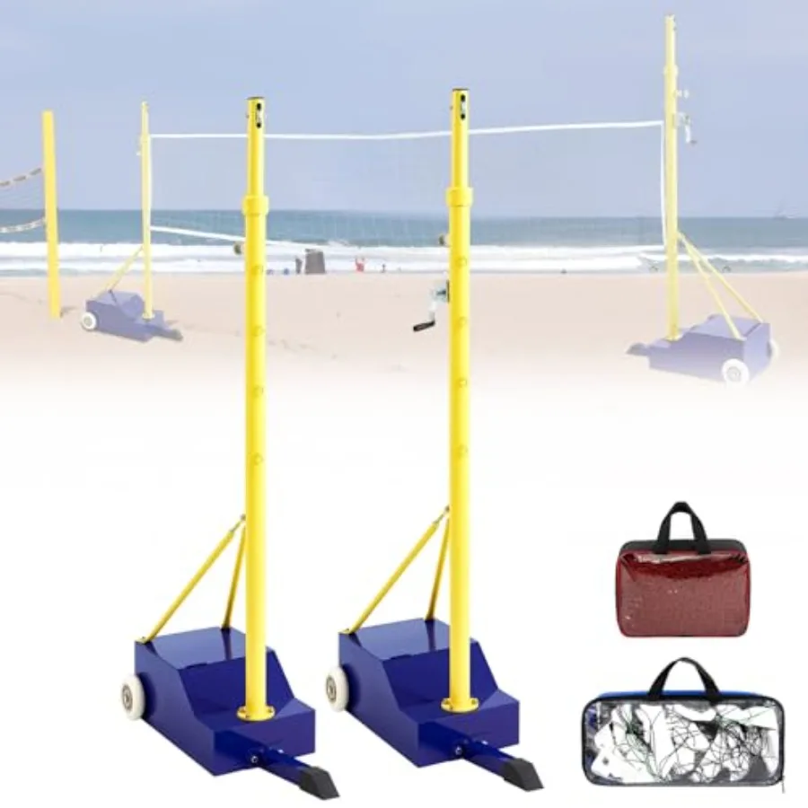 

Backyard volleyball poles with net for indoor outdoor use heavy duty steel black adjustable 4 heights 5-6.8 ft includes wheels