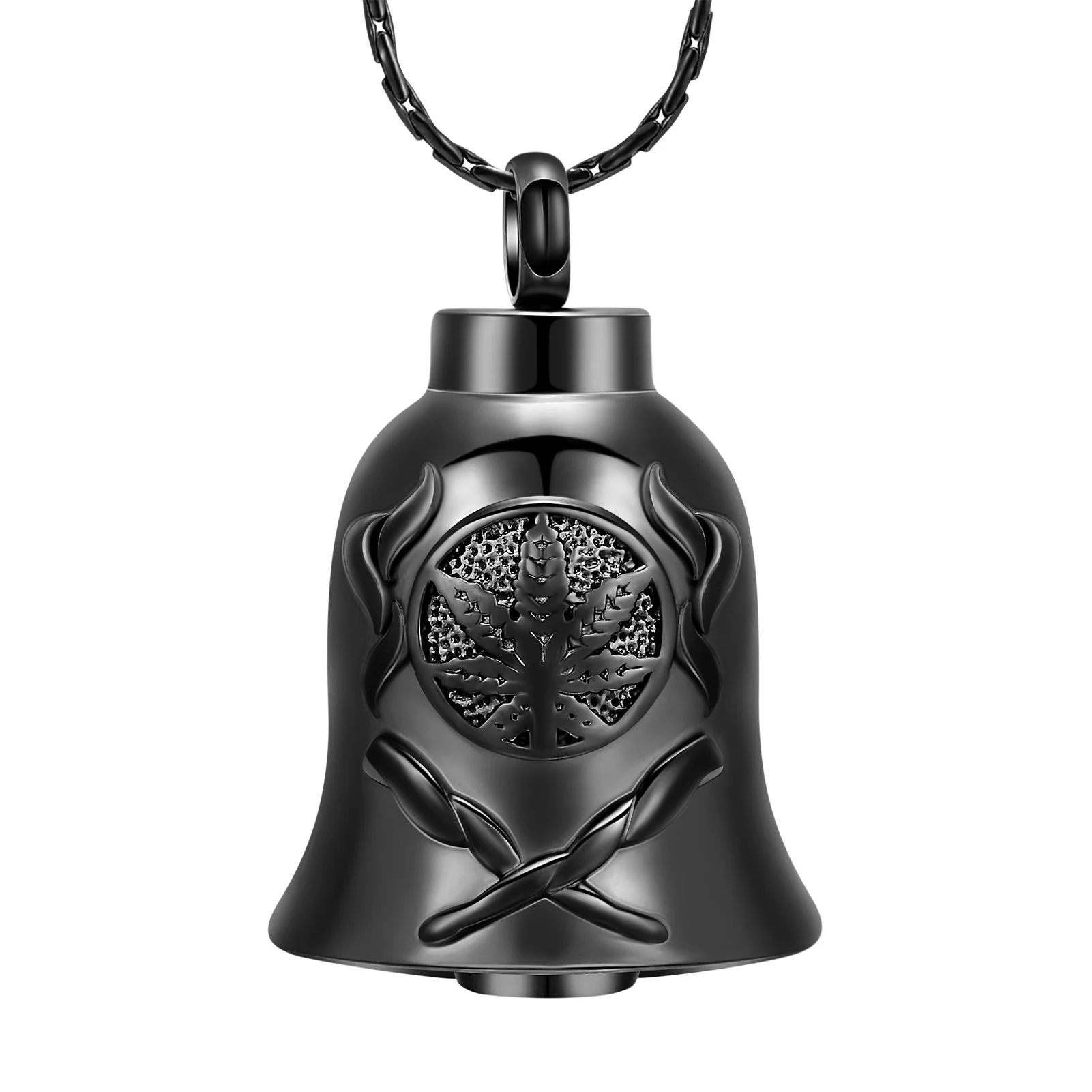 Marijuana Leaves Bell Urn Necklace for Ashes Human Pet Memorial Pendant Cremation Jewelry Keepsake Gift for Men Women
