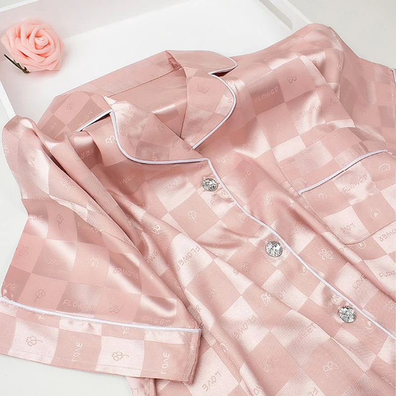 2023 New Lapel Button Cardigan 2 Piece Outfit Set Women Ice Silk Soft Sleeping Wear for Women Pink Lattice Pajamas for Girls