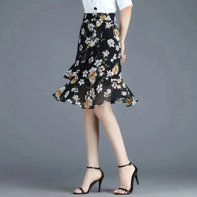 Jupe femme en mousseline de soie à volants floraux Midi noir jupes féminines Chic et élégante Y2k Vintage mode coréenne décontracté Style modeste V