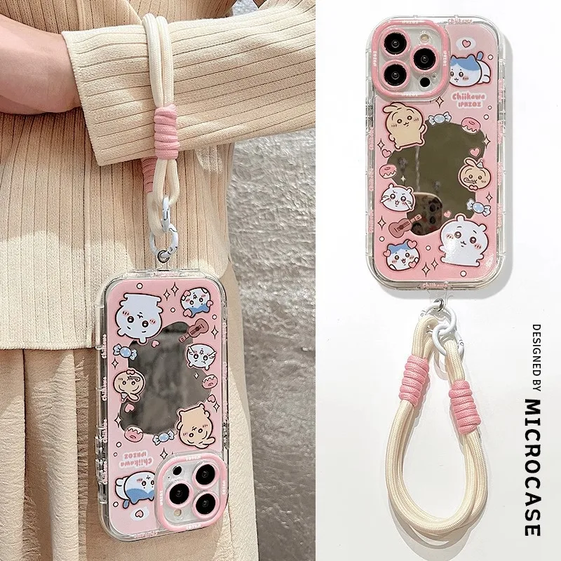 Chiikawa Mirror Case for IPhone 16 15 14 13 Pro Max Case Hand Wrist Strap Soft Cover for Iphone 16promax 15 14 Pro Cover Fundas