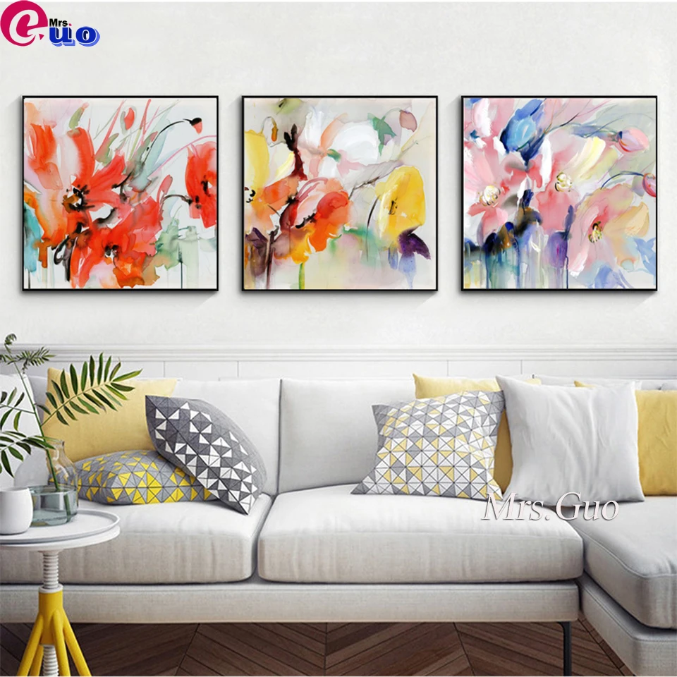 Triptych Abstract Watercolor Flowers Poppy 5D DIY Diamond Painting Kit Full Drill Square Round Embroidery Mosaic Art Home Decor