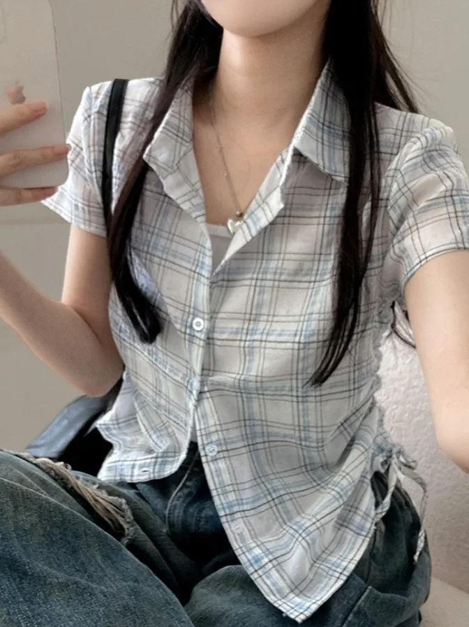

Chic Summer Vintage Versatile Turn-down Collar Small Button Side Gathered Design ort Plaid irt Women's Top Side Gathered