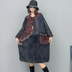 2024 Spring Autumn New Hand Embroidered Worn-out Color Patchwork Diagonal Buckle Long Sleeved Dress Women LX748