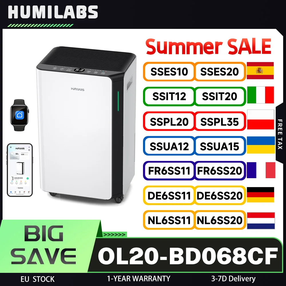 Déshumidificateur portable HUMILABS OL20-BD068CF, capacité de déshumidificateur 20 L, filtre amovible, réservoir 4,5 L et tuyau de vidange, 3 modes, Wi-Fi