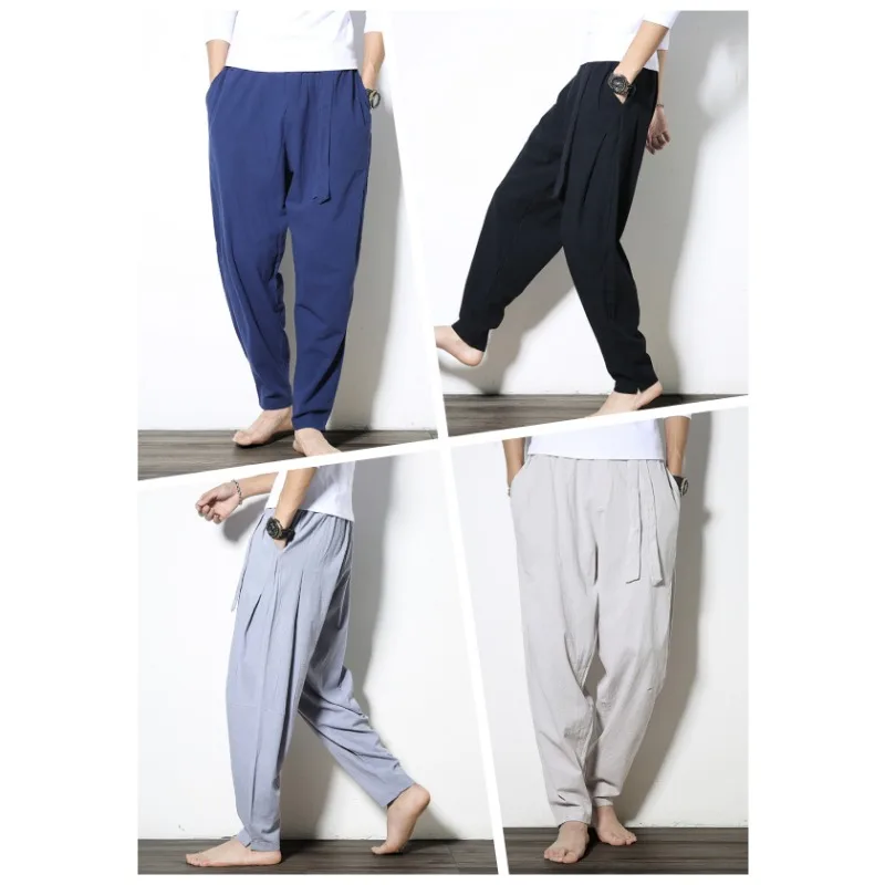 2024 Summer New Men's Solid Soft M-5XL Radish Pants Cotton Linen Casual Harlan Pants