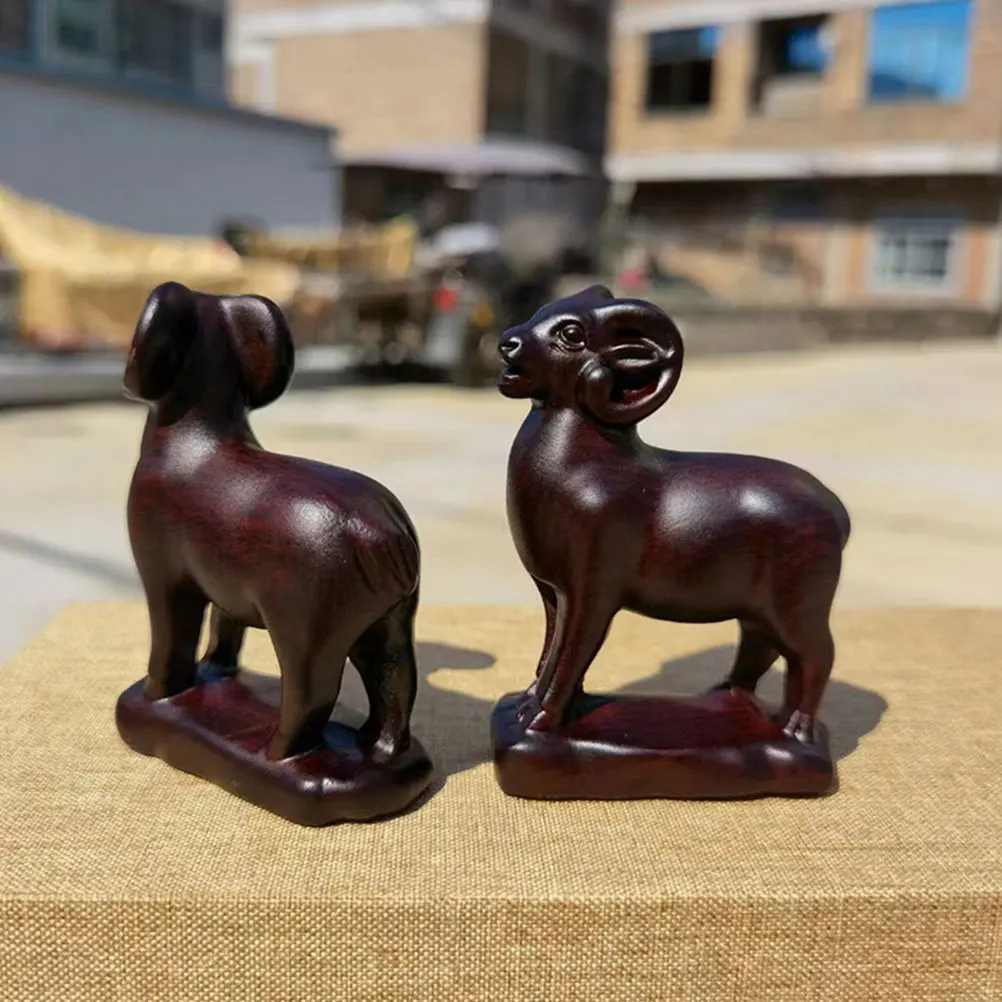 

2pcs Wood Statue Ornament For Office Bedroom Decor Goat Sculpture Animal Decorative Room Adornment
