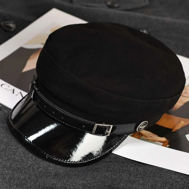 Military Hat Men Women European/American Fashion Genuine Leather Suede Sheepskin Belt Caps Male Casual Flat Top