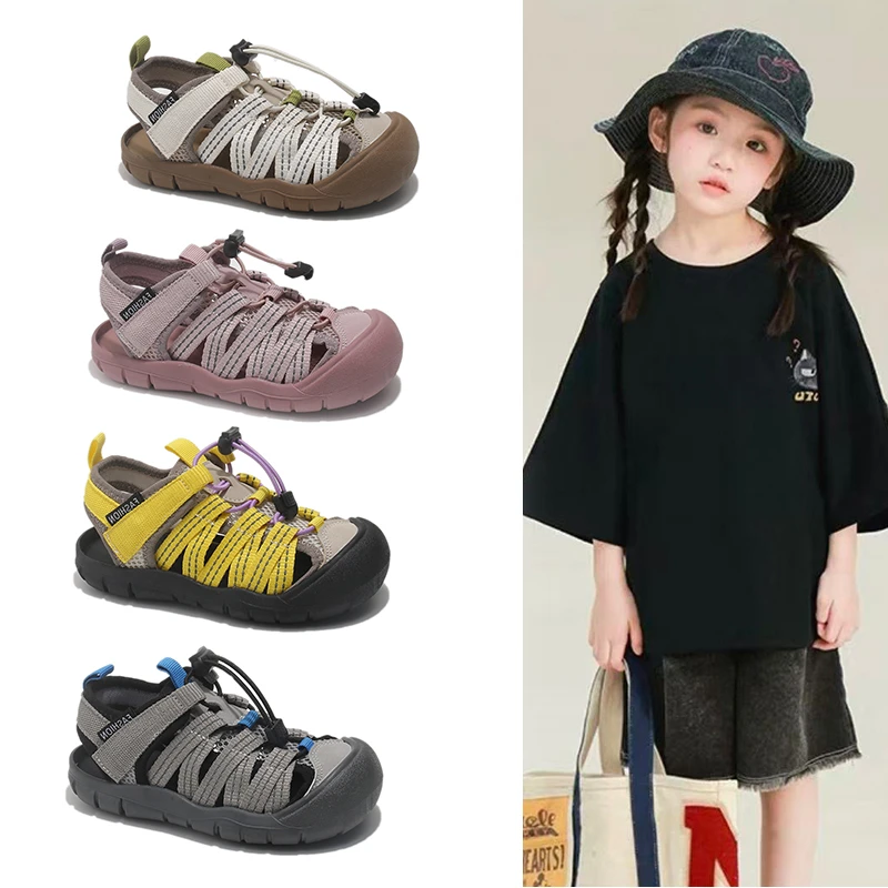 Kids Outdoor Hiking Sandals Breathable Woven Strap Closed Toe Anti-collision Drawstring Non-slip Sole Sport Shoes for Boys Girls