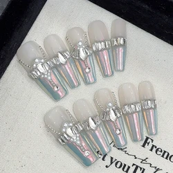 Handmade Press On Nails With Diamond Decor Flash Aurora French Tip Long Ballerina Fake Nails Luxury Wedding False Nails For Girl