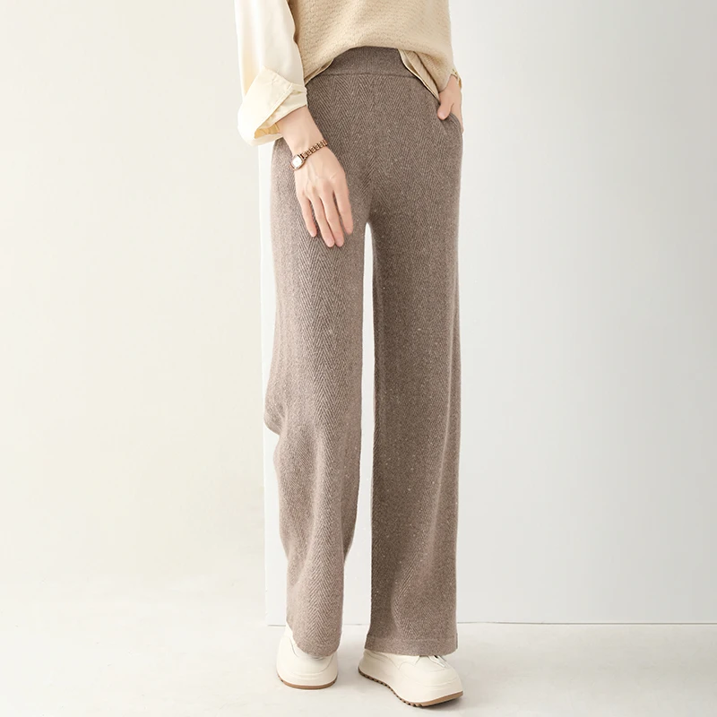 100% Merino Wool Women's Autumn Winter Casual Fashion Solid Color Simple Wool Knitted Wide Leg Pants