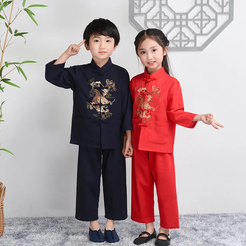 Garçon coton ligne Tang vêtements à manches longues Hanfu ensemble enfant Style chinois chemise et pantalon 2 pièces tenue broder Dragon Kongfu Costume