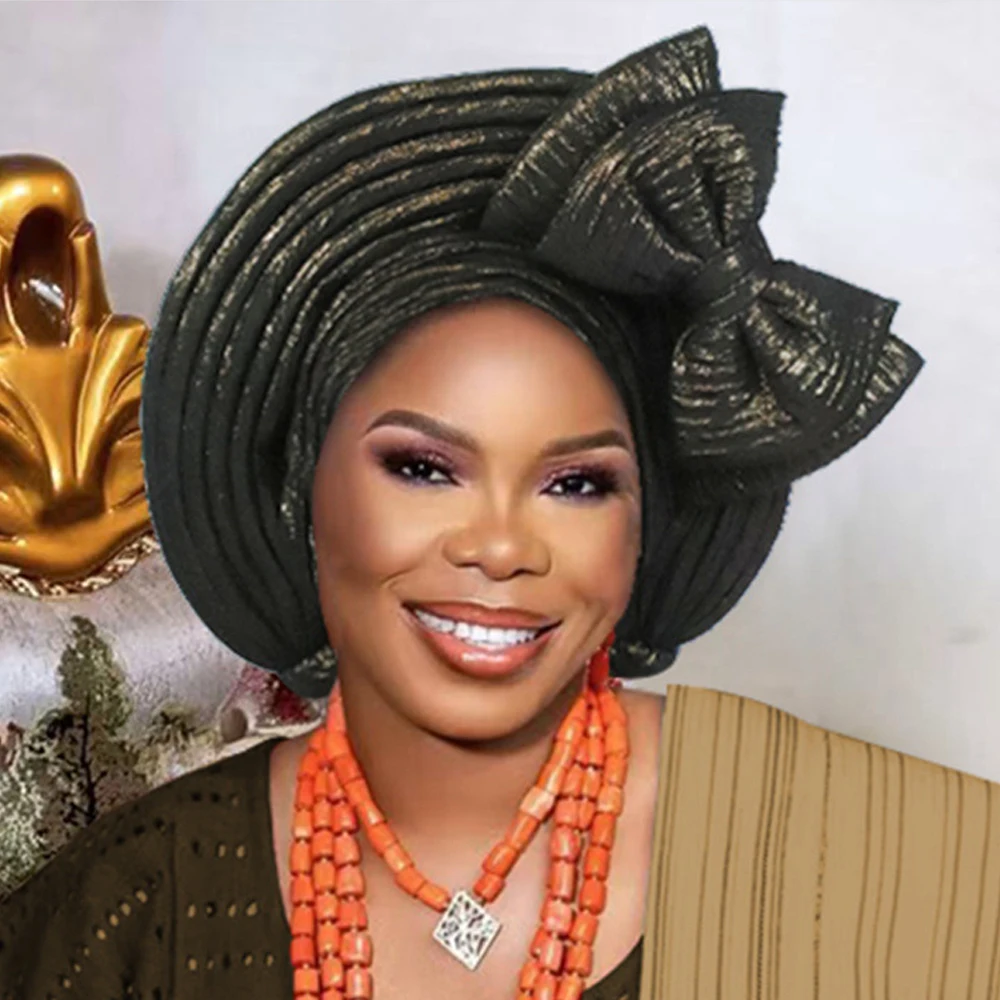 القوس السيارات Gele ربطة الرأس المرأة الأفريقية أشرطة رأس نيجيريا الزفاف Geles حفلة القبعات سيدة عمامة قبعة المصنوعة بالفعل بونيه الحجاب #5