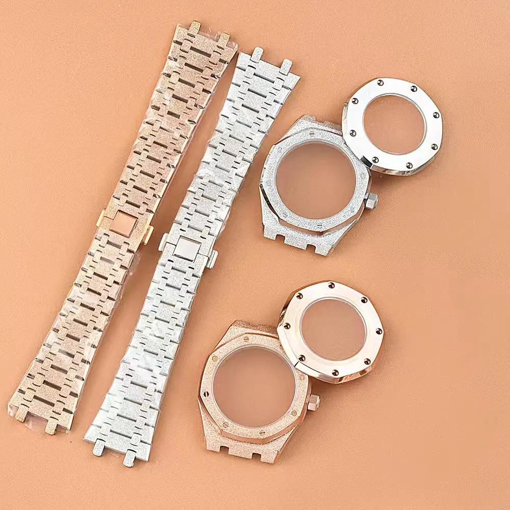 41mm Star Sand Style Watch Case With Solid Bracelet Rose gold Watch Parts Fit Royal Oak NH35 NH36 Movement Sapphire Glass