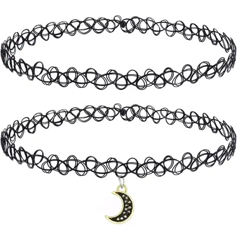 2PC Tattoo Choker Necklace for Women Girls - 90s  2000s Y2K Black Chokers - Butterfly Moon Charms - Stretchy Elastic Necklaces