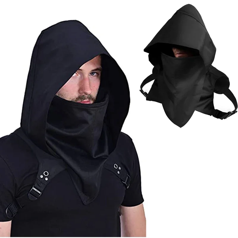 الرجال القرون الوسطى خمر القراصنة تأثيري مقنعين عباءة سوداء Cyberpunk المارقة القلنسوة هود وشاح هالوين زي حفلة الدعائم