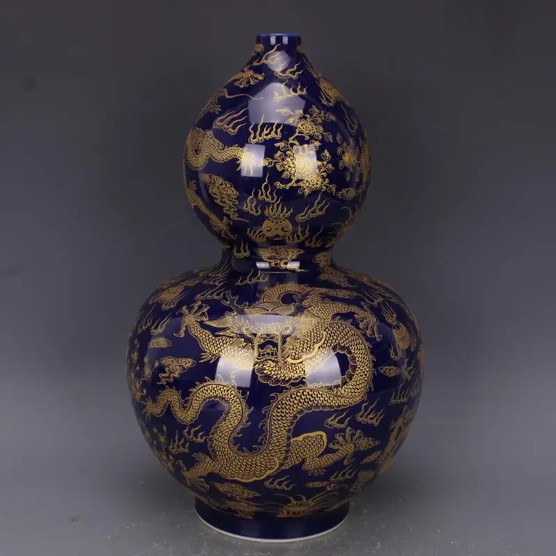 Qing Kangxi Vase, blauer Boden, goldene Blume, Wolke, Drachenmuster, Kürbisflasche, antikes Porzellan, chinesische Heimtextilien