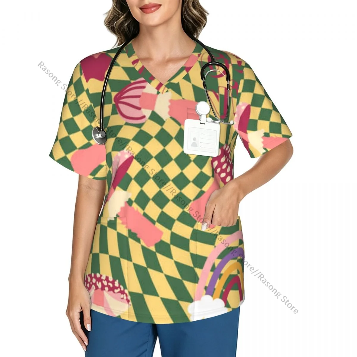 Women's Medical Scrub Top V Neck Short Sleeve Magic Psychedelic Drug Mushrooms Stretch Nursing Uniform for Hospital Clinic