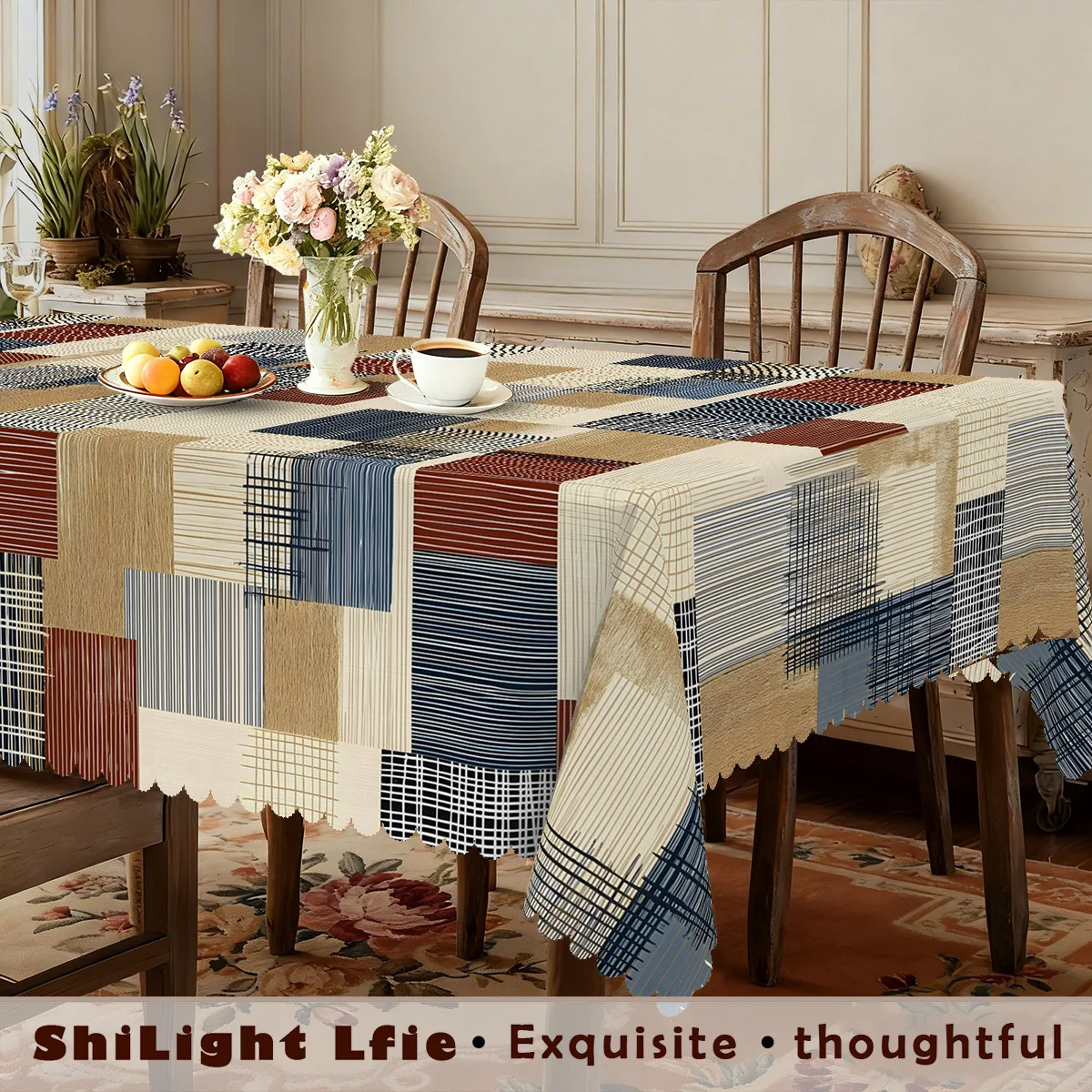 One-piece, retro-style fabric tablecloth with checkered lines and contrasting color design, rectangular shape,kdj