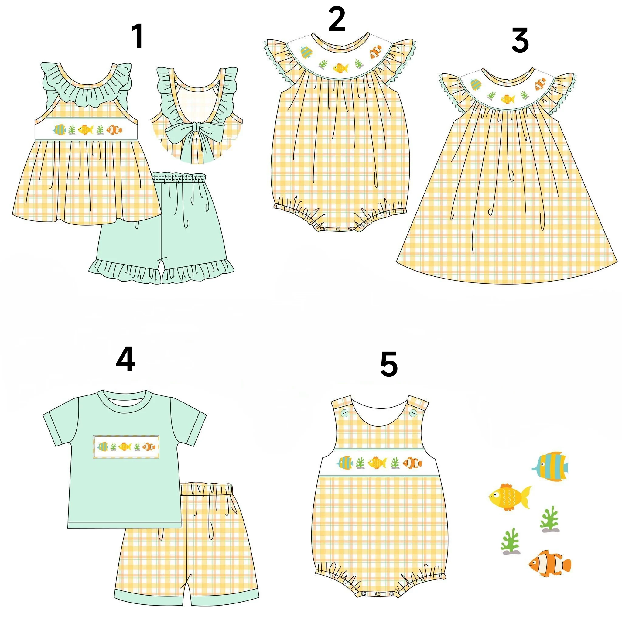 

Baby girl and baby boy summer matching sets boutique toddler clothes yellow flutter sleeve skirt sleeveless jumpsuit fish print