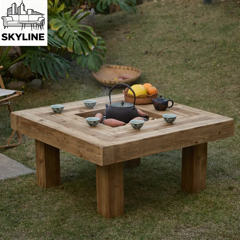 Solid wood outdoor fireplace brewing tea balcony tea table square heating table roasting fire household coffee table