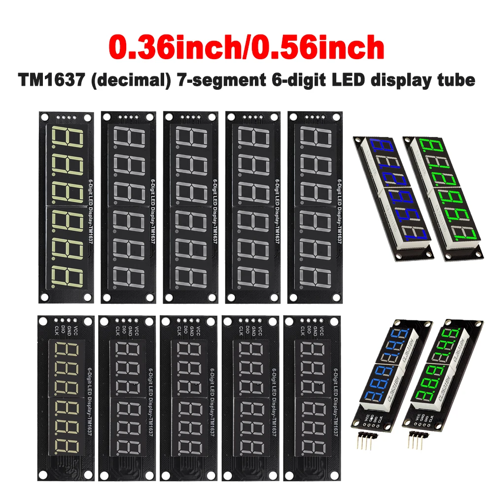 0.36''/0.56 Inch 6-Digit Digital Display Tube Decimal 7-Segments TM1637 LED Module Board for Arduino Red/Green/Yellow/Blue/White