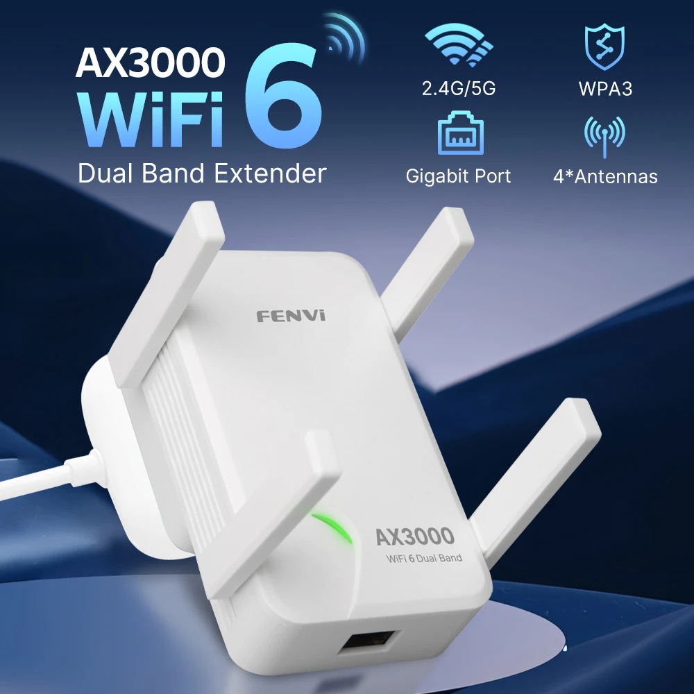 

Ретранслятор FENVI WiFi 6 AX3000, двухдиапазонный, 2,4/5 ГГц, 802,11 Акс, гигабитный беспроводной усилитель сигнала, 4 антенны с высоким коэффициентом усиления, усилитель дальнего действия