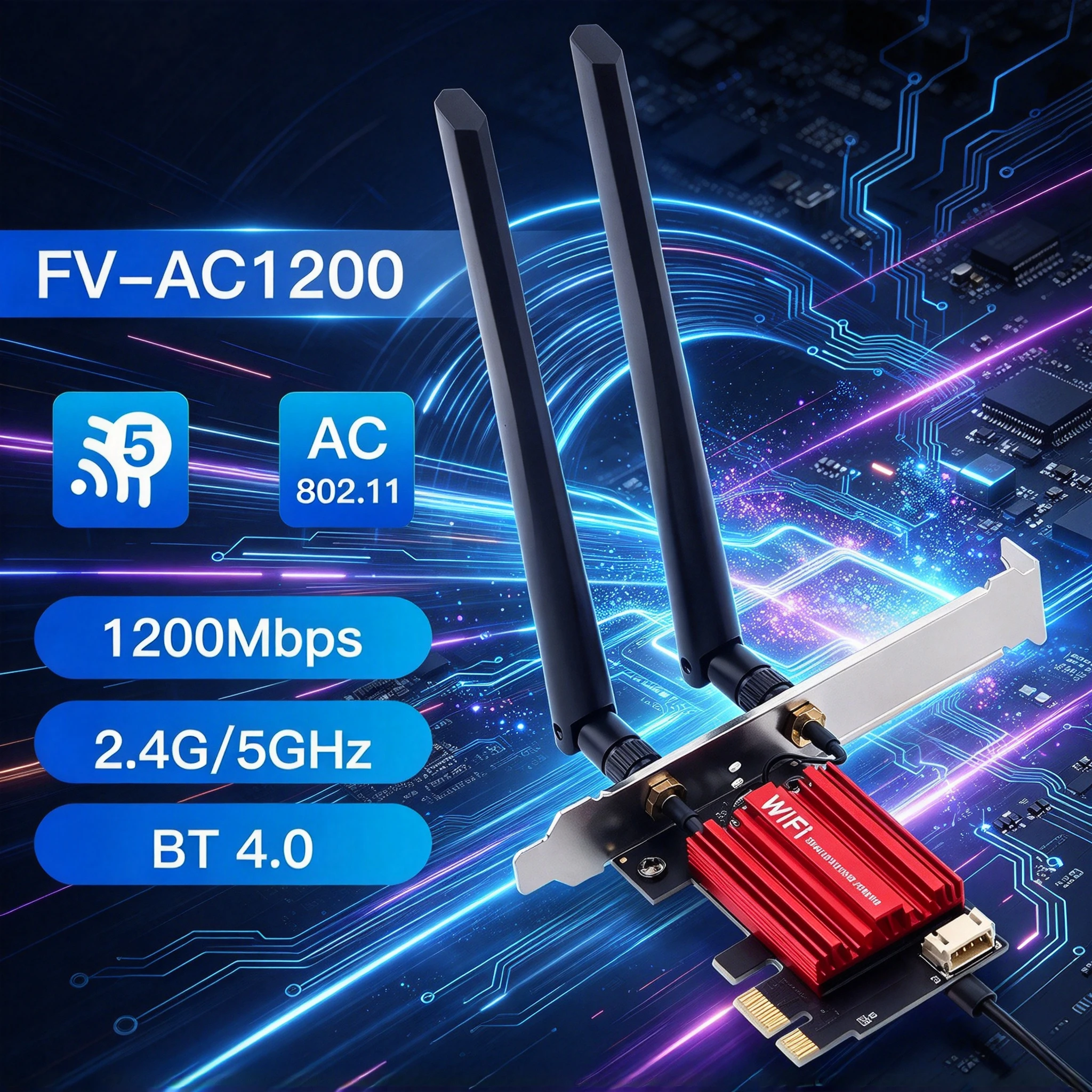 placa-de-rede-pci-e-wifi5-fv-ac1200-1200mbps-24g-5ghz-banda-dupla-bt40-2-antenas-dissipador-de-calor-em-aluminio-para-pc-de-mesa-win7-win10-win11