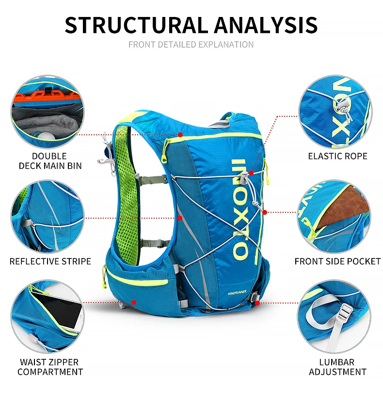 Outdoor-Lauf-Feuchtigkeitsweste, 8 l, Radfahren, feuchtigkeitsspendender Rucksack, Trekking, Wandern, Marathon, Fahrradrucksack mit 500 ml Wasserflasche – Detail 12