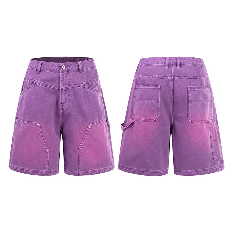 Pantalones Cortos de Mezclilla para Hombre, Estilo Cargo, Corte Ancho, Hasta la Rodilla, Estilo Bermuda, Ajuste Holgado, con Parches, Disponibles en Morado, Rosa y Amarillo