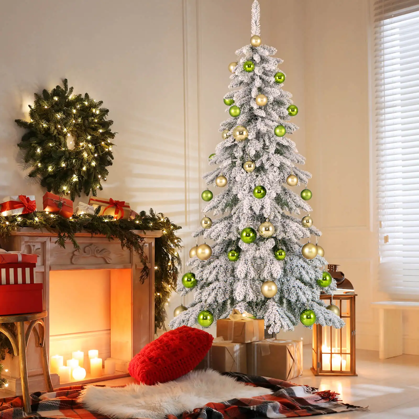 

6 FT Artificial Xmas Tree Hinged Christmas Tree with 589 Flocked Branch Tips