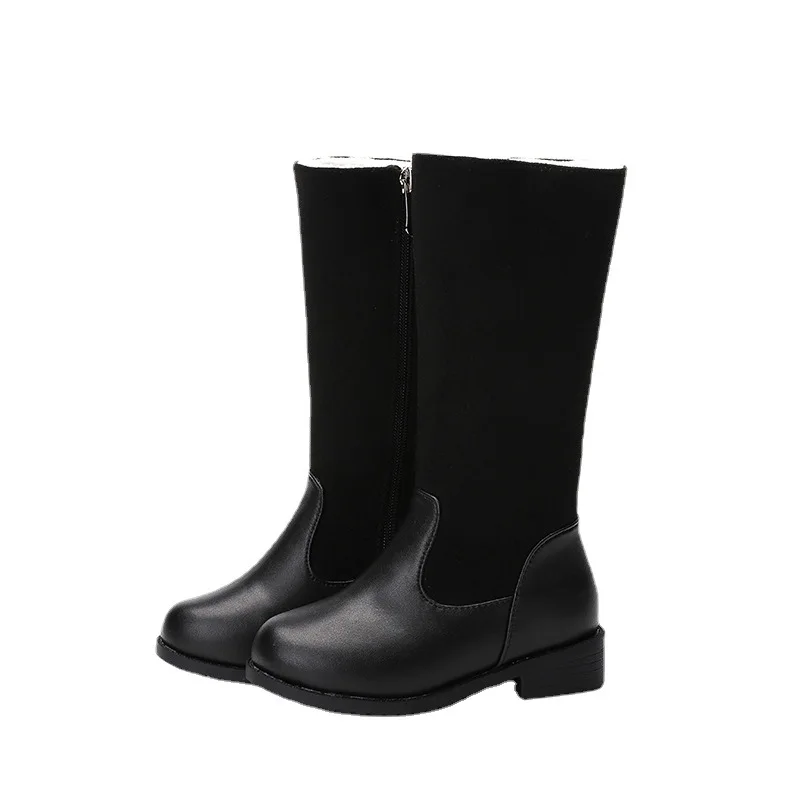 Winter Outdoor Children's Riding Boots Solid Color Warm Furry Girls Fashion Long Boots Black Red Simple Kids Plush Boots Zipper