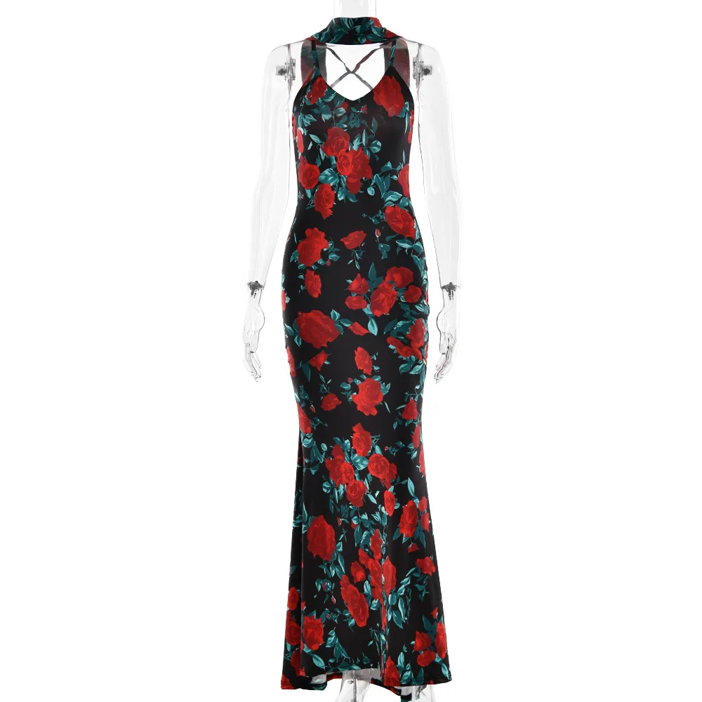 Sexy Backless Printed Floral Scarf Temperament Women Long Skirt Thin Shoulder Strap Evening Dress Women Elegant Beach Party Club
