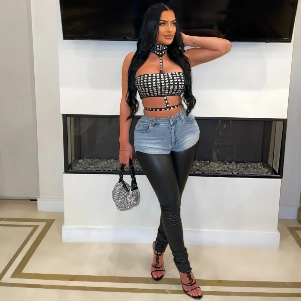 

Women Fashion Halter Rhinestone Backless Hollow Out Tank Top 2025 Summer Sleeveless Streetwear Sexy Tee Tops Camis