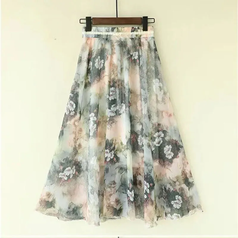 

Summer Skirts Womens New Vintage Floral Print Chiffon A-line Skirt Elastic High Waist Casual Midi Skirt Women Clothes Jupe