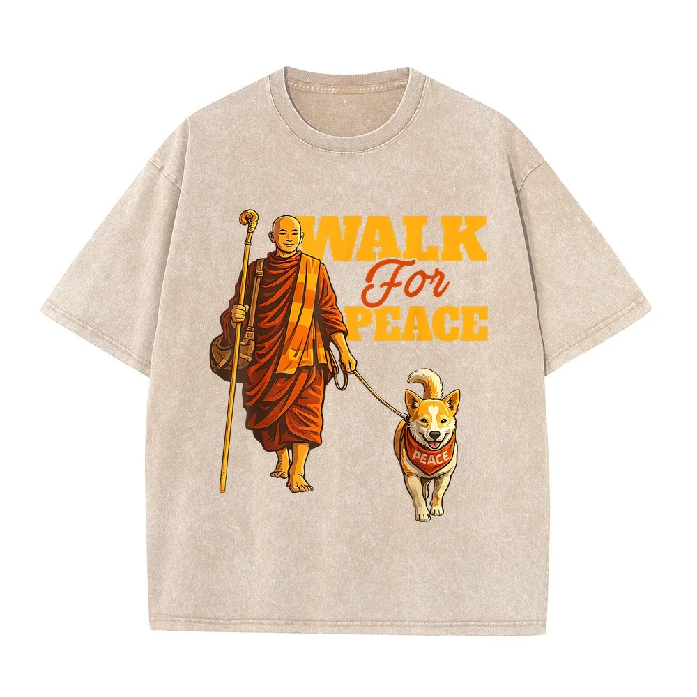 Peace Walking Monks and Aloka Dog Walk for Men Man's T-Shirt 하이퀄리티 T-Shirts Man Clothes Large Printed Tee Plus Short Sleeve
