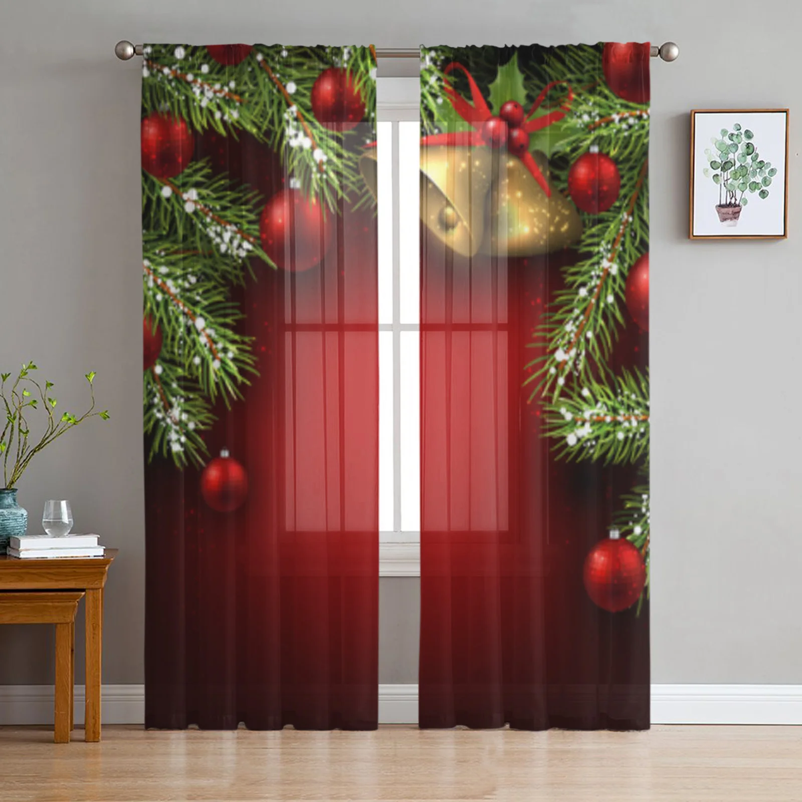 Christmas Fir Branches And Bells Tulle Window Curtain For Living Room Bedroom Voile Sheer Curtains Kitchen Treatments Drapes