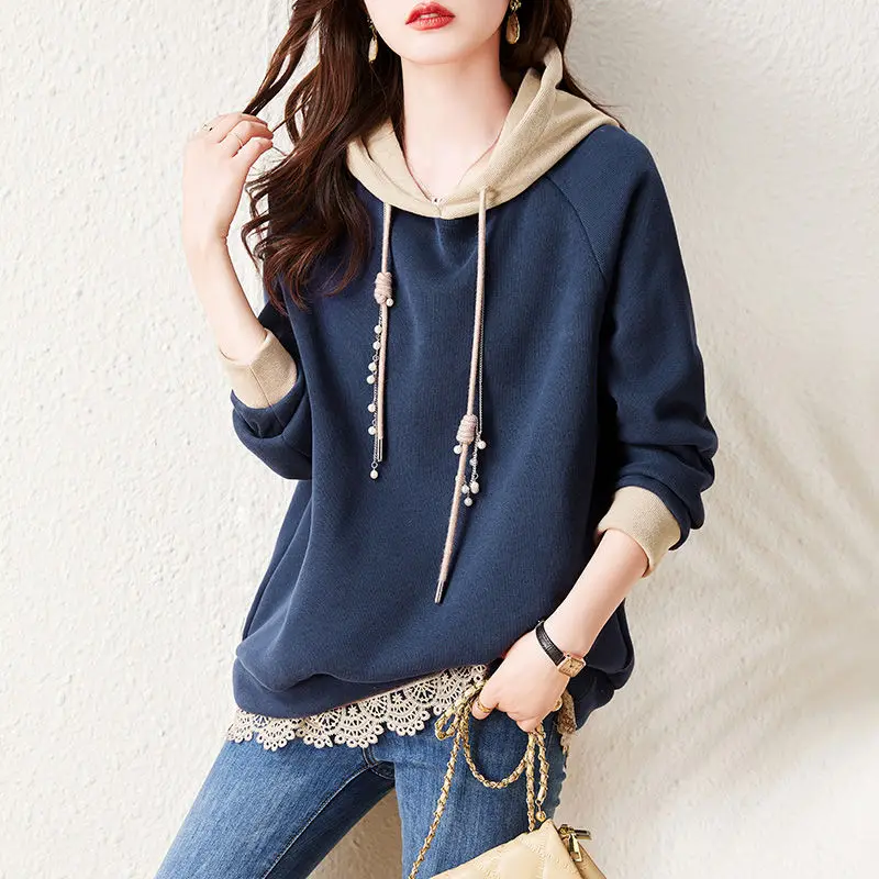 Female Clothing Solid Color Lace Spliced Hooded Sweatshirts Casual Autumn Winter Fleece Warm Drawstring Pearl Korean Pullovers