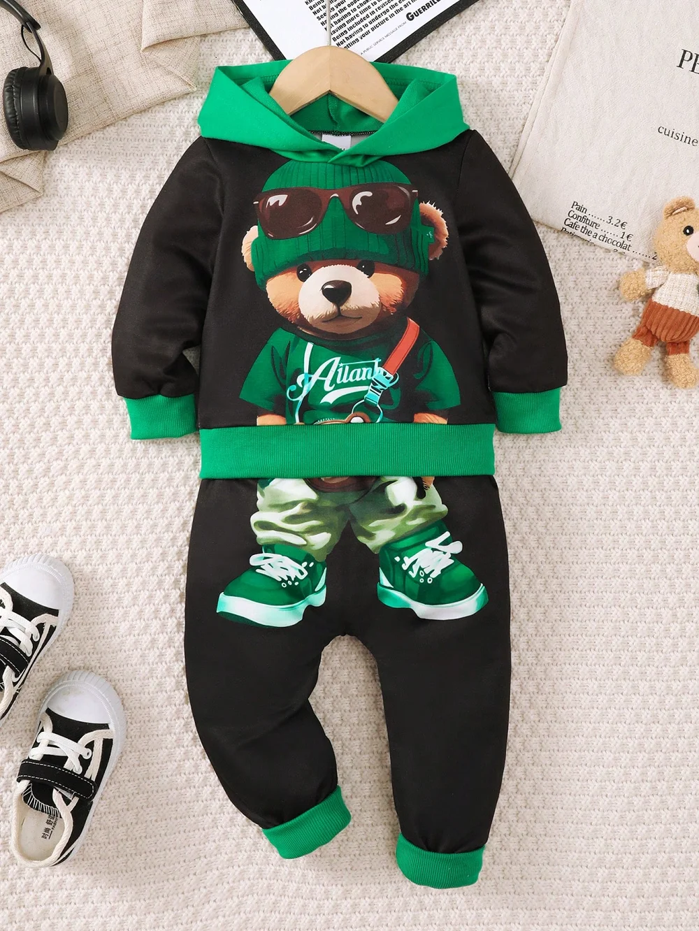 Winter 0-3 Jahre alt Kleinkind Baby Jungen Bärendruck Langarm Kapuzenpullover 2-teiliges Set