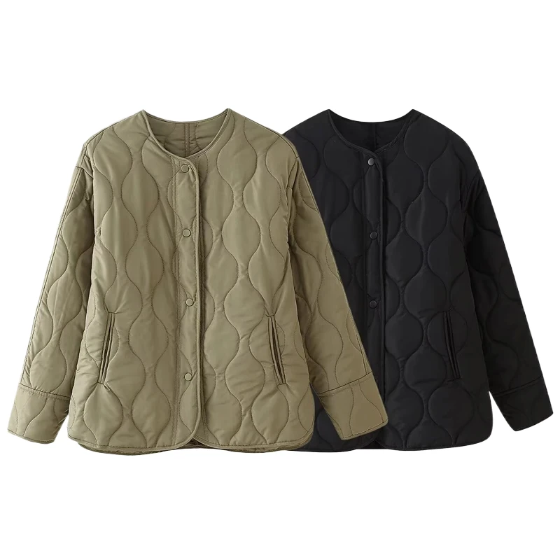 

2025 Fashionable Quilted Loose Simple Cotton Jacket Casual Round Neck Jackets For Women Long Sleeve Winter Coat Female Outerwear