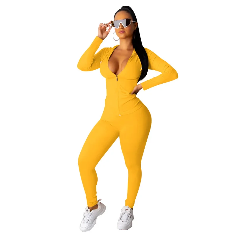 Senhoras 2 peça calça agasalho jogging fitness workout cor sólida faixa define hoodies moletom roupas para mulher