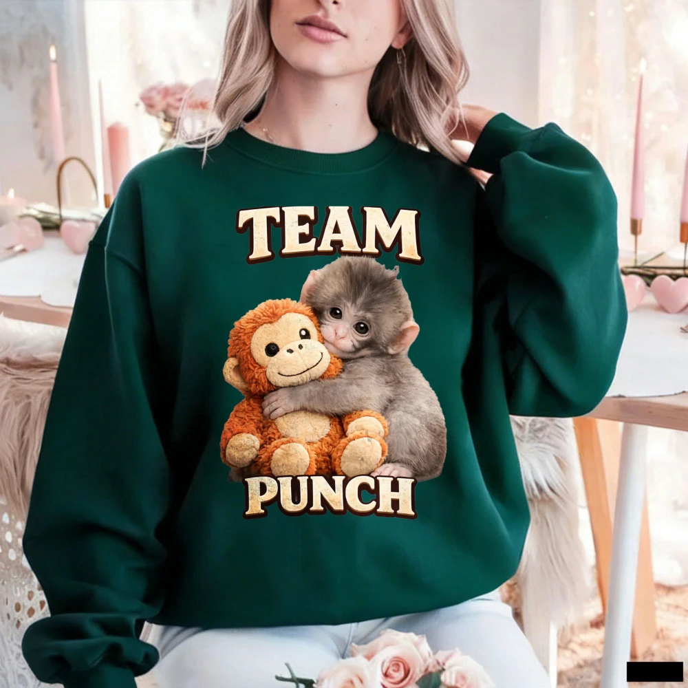 Vintage-Playful-TEAM-PUNCH-Monkey-Hugging-Plush--Autumn-and-Winter-Sweatshirt-Trendy-Retro-Casual-Everyday-Tops-Pullover