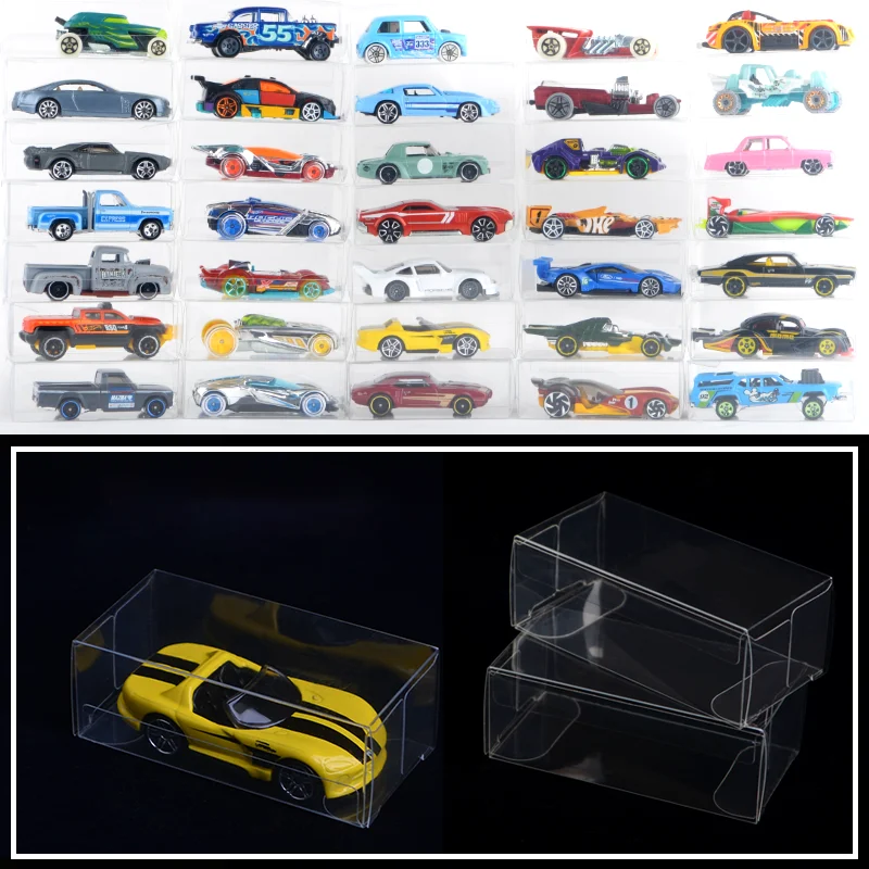 50PCS 1/64 Scale Vehicle Model Car Display Case Toy Storage Box,Plastics PVC Clear Box Model Toy Car Exhibition Organizer Box